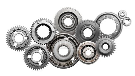 Set with different stainless steel gears on white background, top view. Banner design