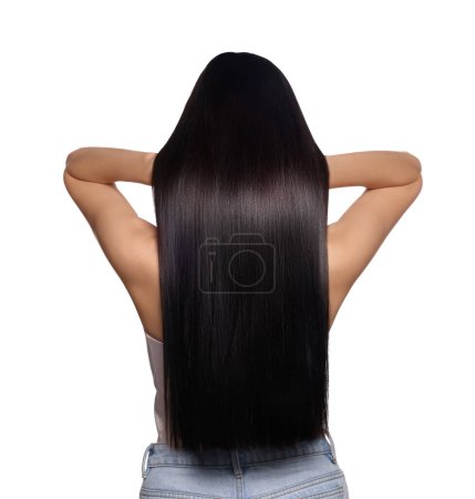 Foto de Mujer con cabello fuerte y saludable sobre fondo blanco, vista posterior - Imagen libre de derechos