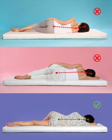 Photo for Collage with photos of women lying on mattress. Wrong and correct sleeping posture. Choose right mattress - Royalty Free Image