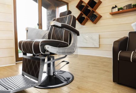 Téléchargez les photos : Élégant salon de coiffure intérieur avec fauteuil professionnel et unité de lavage moderne - en image libre de droit