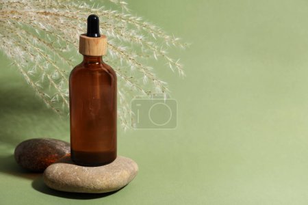 Photo for Composition with bottle of face serum, spa stones and beautiful dried flowers on light green background. Space for text - Royalty Free Image