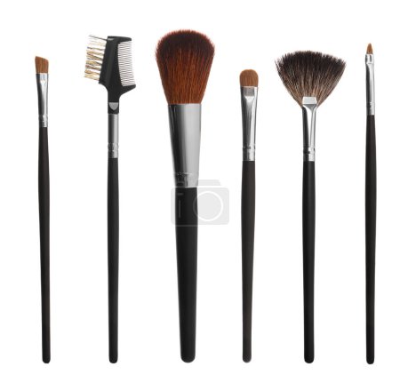 Photo for Set with different makeup brushes for applying cosmetic products on white background - Royalty Free Image