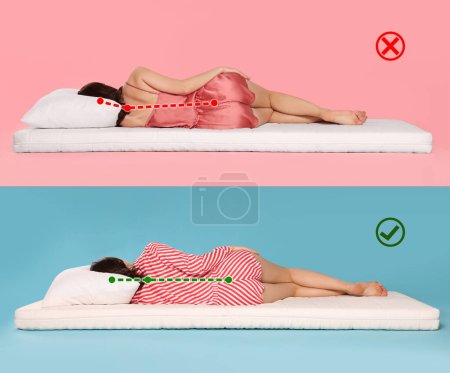 Photo for Collage with photos of women lying on mattress. Wrong and correct sleeping posture. Choose right mattress - Royalty Free Image