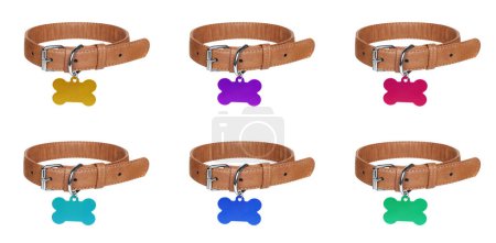 Photo for Set with dog collars with multicolor bone shaped tags on white background - Royalty Free Image