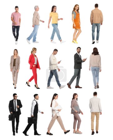 Collage with photos of people wearing stylish outfit walking on white background Poster 624028462