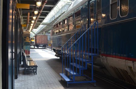 Photo for Utrecht, Netherlands - July 23, 2022: Railway station with wagons on display in Spoorwegmuseum - Royalty Free Image