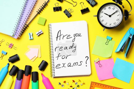 Photo for Notebook with phrase Are You Ready For Exams and stationery on yellow background, flat lay - Royalty Free Image