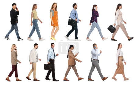 Collage with photos of people wearing stylish outfit walking on white background Poster 624376740
