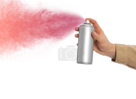 Man spraying paint on white background, closeup
