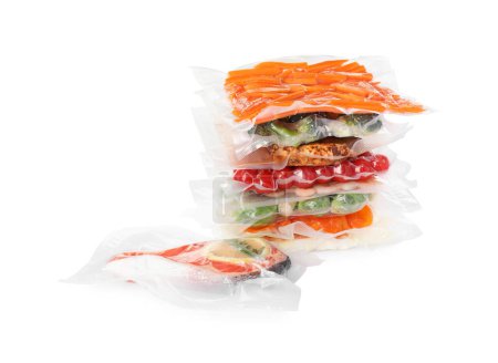 Photo for Vacuum packs with different food products on white background - Royalty Free Image