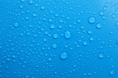 Water drops on light blue background, top view Poster #624691948