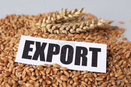 Téléchargez les photos : Carte papier avec mot Export, pile de grains de blé et pointes sur table blanche, gros plan - en image libre de droit