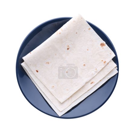 Photo for Plate with delicious Armenian lavash on white background, top view - Royalty Free Image
