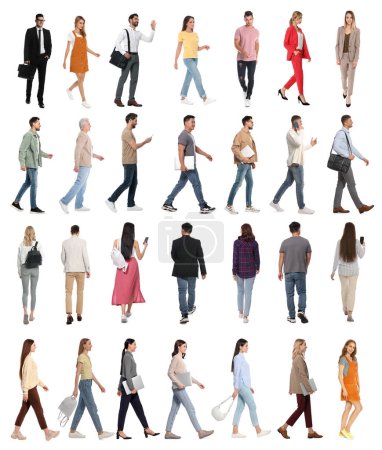 Collage with photos of people wearing stylish outfit walking on white background Poster 624948654