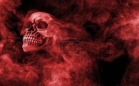 Téléchargez les photos : Crâne effrayant émergeant de la fumée dans l'obscurité - en image libre de droit