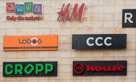 SIEDLCE, POLAND - AUGUST 30, 2022: Shopping mall with different store brand logos outdoors