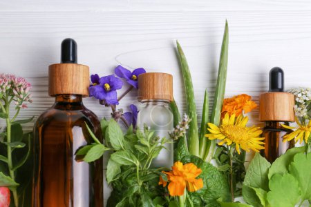 Foto de Botellas de vidrio de aceite esencial aromático y diferentes flores silvestres en la mesa de madera blanca, disposición plana. Espacio para texto - Imagen libre de derechos