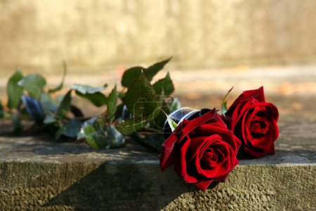 Rosas rojas en lápida gris al aire libre. Ceremonia funeraria