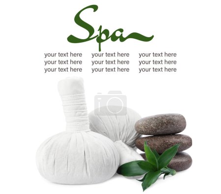 Téléchargez les photos : Sacs de massage à base de plantes, plantes vertes et pierres de spa sur fond blanc, espace pour le texte - en image libre de droit
