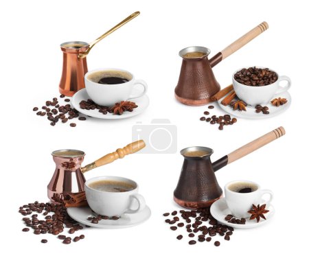 Set with different turkish coffee pots (cezve) with hot coffee and beans on white background