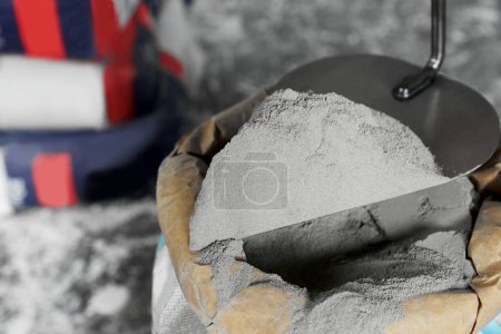 Photo for Cement powder and trowel put in bag, closeup - Royalty Free Image