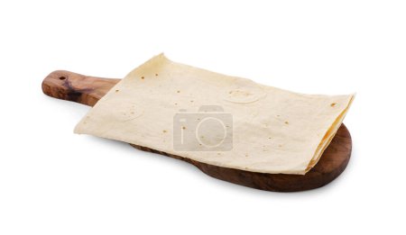 Photo for Wooden board with delicious Armenian lavash on white background - Royalty Free Image