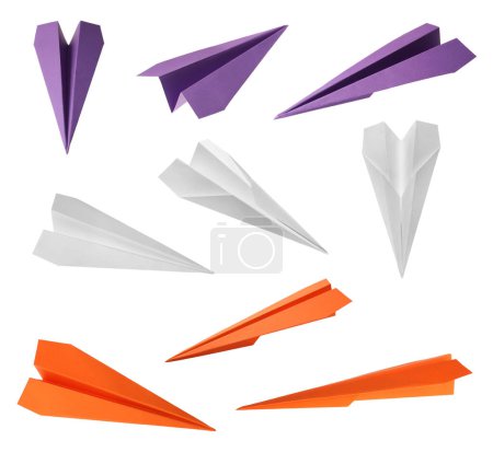 Photo for Set with handmade different color paper planes on white background - Royalty Free Image
