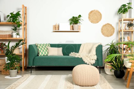 Wohnzimmer-Interieur mit schönen verschiedenen Topfpflanzen und Möbeln. Hausdekoration
