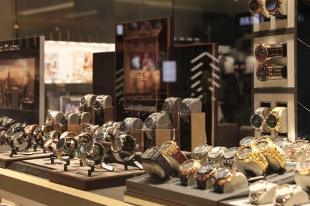 Turkey, Trabzon-June 30, 2022: Showcase with different luxury watches in store