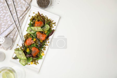 Photo for Plate of salad with mung beans on white table, flat lay. Space for text - Royalty Free Image