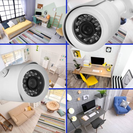 Photo for View of rooms through CCTV cameras. Collage - Royalty Free Image