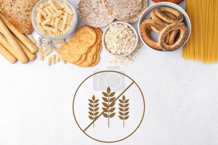 Photo for Different gluten free products on light grey table, flat lay - Royalty Free Image