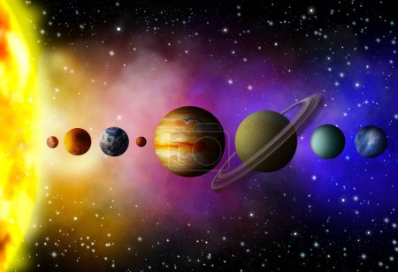 Many different planets and stars in open space, illustration