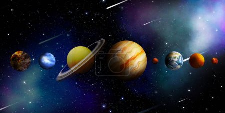 Foto de Muchos planetas, cometas y estrellas diferentes en el espacio abierto, ilustración. Diseño de banner - Imagen libre de derechos