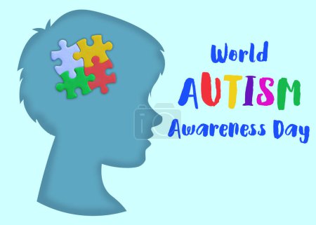 Foto de Día Mundial del Autismo. Silueta de niño con piezas de rompecabezas en su cabeza sobre fondo azul claro - Imagen libre de derechos