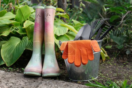 Téléchargez les photos : Seau en métal avec gants, outils de jardinage et bottes en caoutchouc près des plantes à l'extérieur - en image libre de droit