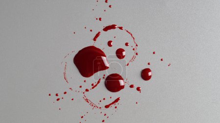 Photo for Stain and splashes of blood on grey background, top view - Royalty Free Image