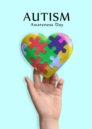 Photo for World Autism Awareness Day. Heart made of colorful puzzle pieces and woman on light blue background, closeup - Royalty Free Image