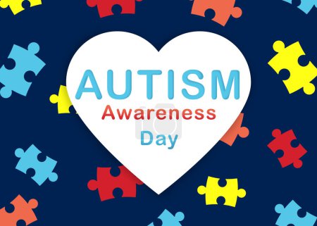 Photo for World Autism Awareness Day. White heart with text and colorful puzzle pieces on dark blue background - Royalty Free Image