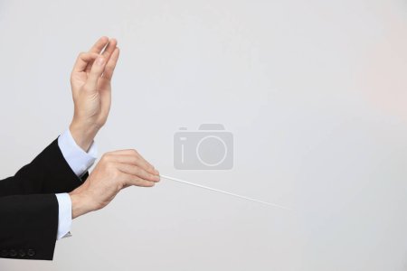 Foto de Conductor profesional con bastón sobre fondo gris claro, primer plano. Espacio para texto - Imagen libre de derechos