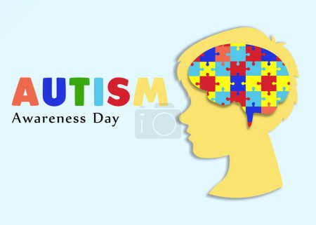 Téléchargez les photos : Journée mondiale de sensibilisation à l'autisme. Silhouette de garçon avec des pièces de puzzle dans sa tête sur fond bleu clair - en image libre de droit