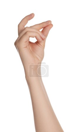 Photo for Woman snapping fingers on white background, closeup of hand - Royalty Free Image