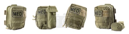 Collage with military first aid kit on white background, banner design