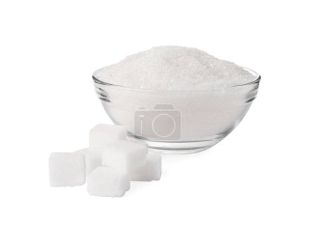 Photo for Granulated and cubed sugar with glass bowl on white background - Royalty Free Image