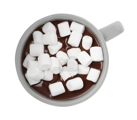 Photo for Cup of delicious hot chocolate with marshmallows on white background, top view - Royalty Free Image