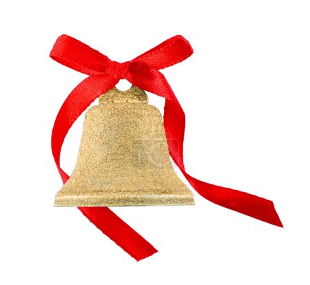 Goldene, glänzende Glocke mit roter Schleife auf weißem Grund. Weihnachtsdekoration