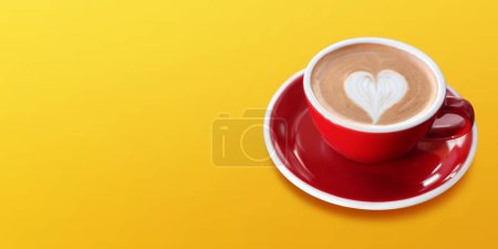 Aromatic coffee in red cup on yellow background, space for text. Banner design
