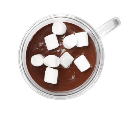 Photo for Glass cup of delicious hot chocolate with marshmallows on white background, top view - Royalty Free Image