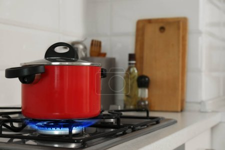 Red pot on modern kitchen stove with burning gas. Space for text
