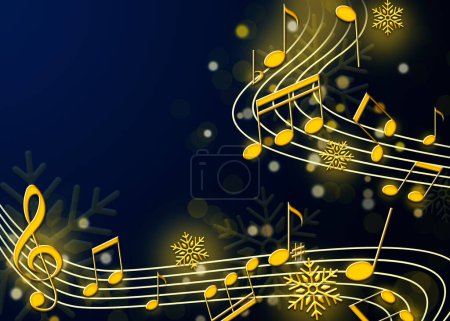 Foto de Melodía de Navidad. Notas musicales y copos de nieve sobre fondo azul, espacio para texto. Diseño de ilustración - Imagen libre de derechos